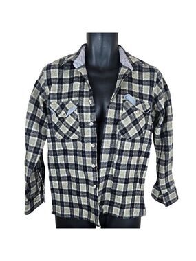 Vintage 80s Mens S Plaid Shirt Wool Shacket Shirt Navy Blue Gray